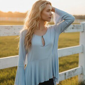 Lucky Brand S Top Blue Knit Bell Sleeve Cottage Boho Peasant Whimsy Fairy Pastel